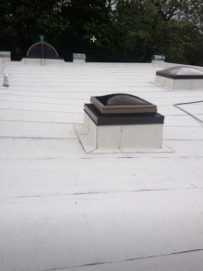 Une toiture en membrane élastomère gris clair avec plusieurs puits de lumière intégrés.